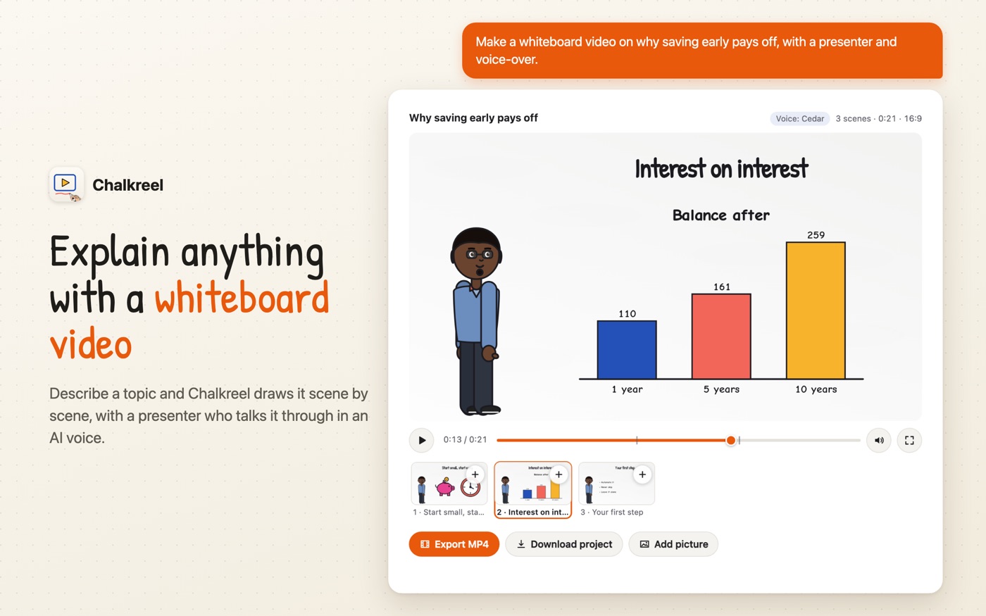 A Chalkreel video in the chat: a presenter next to a hand-drawn bar chart, with play controls, scene thumbnails and Export MP4